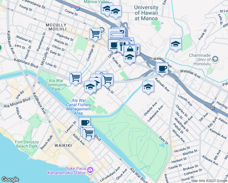 map of restaurants, bars, coffee shops, grocery stores, and more near 2543 Date Street in Honolulu