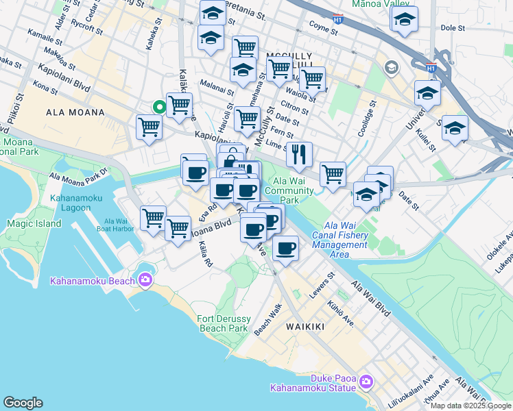 map of restaurants, bars, coffee shops, grocery stores, and more near in Honolulu
