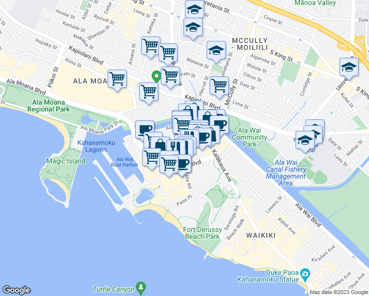map of restaurants, bars, coffee shops, grocery stores, and more near 425 Ena Road in Honolulu