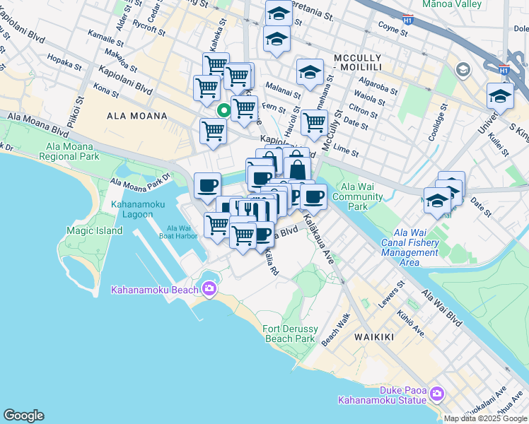 map of restaurants, bars, coffee shops, grocery stores, and more near 425 Ena Road in Honolulu