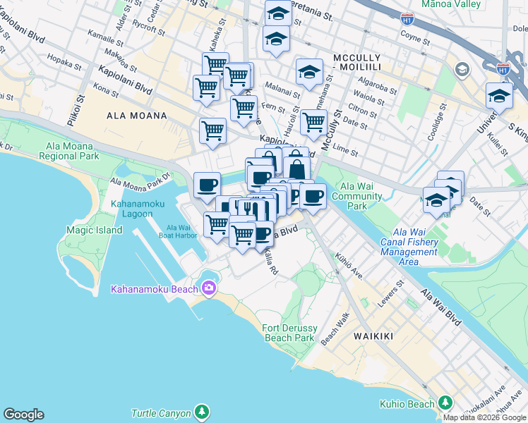 map of restaurants, bars, coffee shops, grocery stores, and more near 425 Ena Road in Honolulu