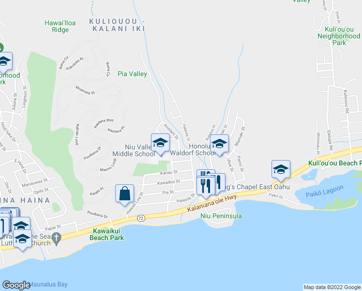 map of restaurants, bars, coffee shops, grocery stores, and more near 313 Anolani Street in Honolulu