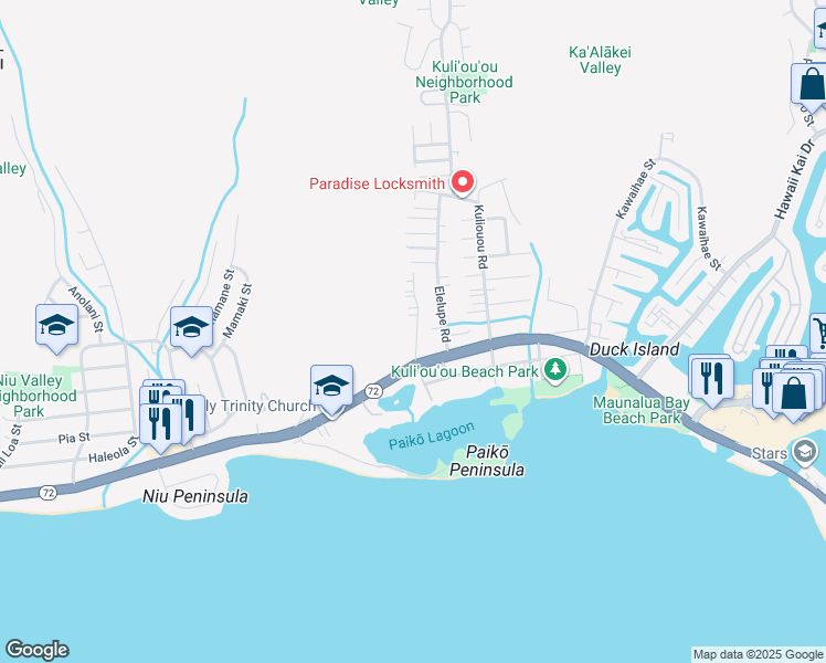 map of restaurants, bars, coffee shops, grocery stores, and more near 234 Moomuku Place in Honolulu