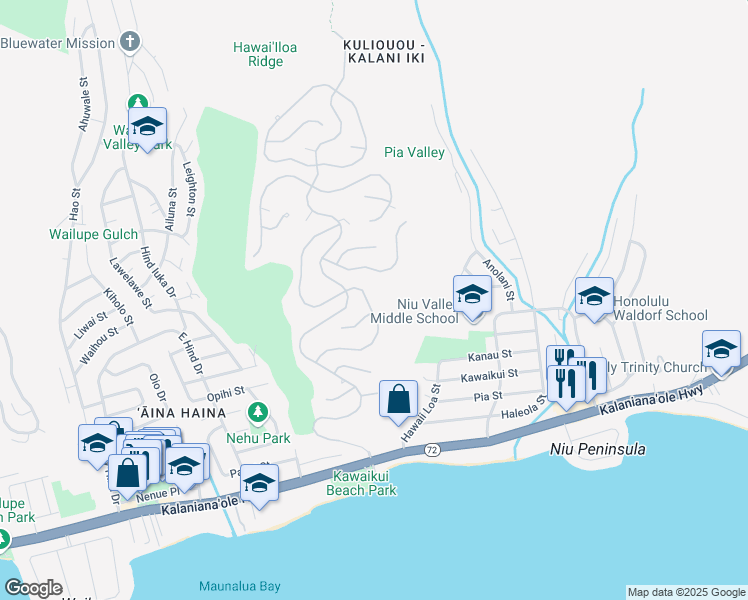 map of restaurants, bars, coffee shops, grocery stores, and more near 547 Maono Loop in Honolulu