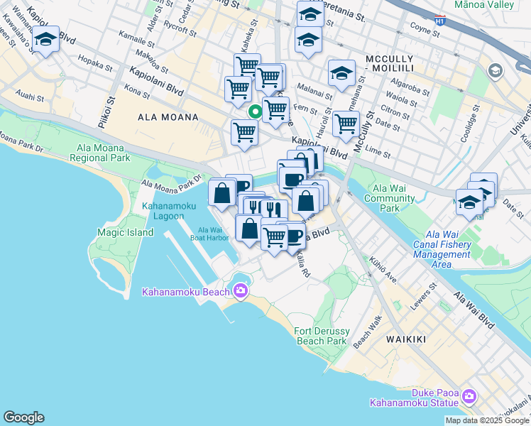 map of restaurants, bars, coffee shops, grocery stores, and more near Hobron Lane in Honolulu
