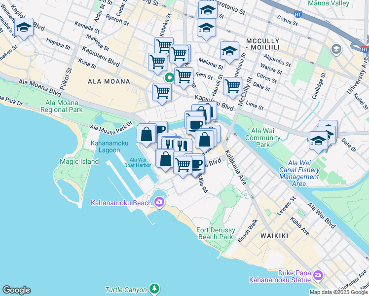 map of restaurants, bars, coffee shops, grocery stores, and more near 1934 Kaioo Drive in Honolulu