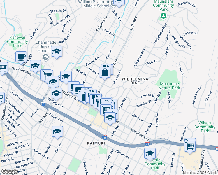 map of restaurants, bars, coffee shops, grocery stores, and more near 3535 Kaau Street in Honolulu