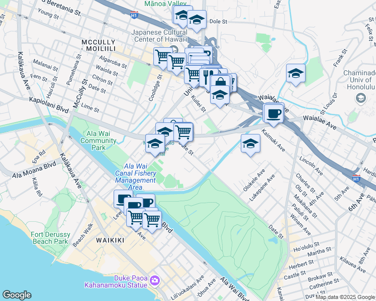 map of restaurants, bars, coffee shops, grocery stores, and more near 2501 Laau Street in Honolulu