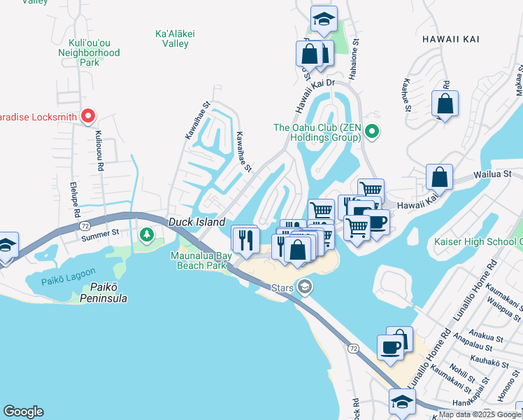map of restaurants, bars, coffee shops, grocery stores, and more near 223 Opihikao Way in Honolulu
