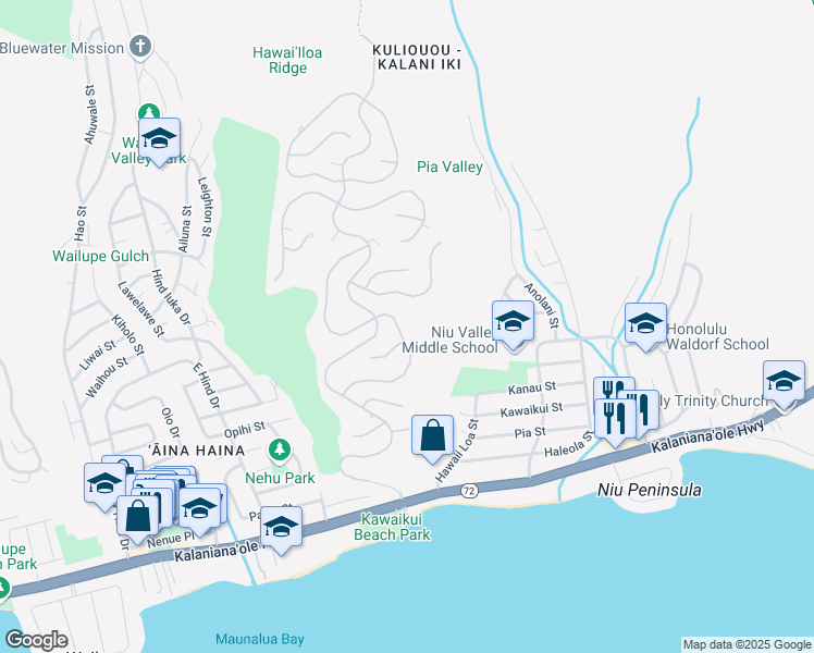 map of restaurants, bars, coffee shops, grocery stores, and more near 547 Maono Loop in Honolulu