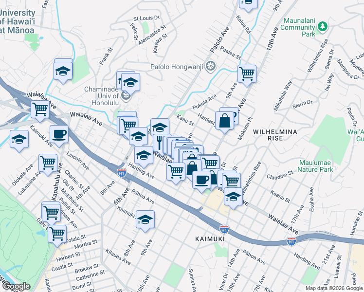 map of restaurants, bars, coffee shops, grocery stores, and more near 1248 8th Avenue in Honolulu