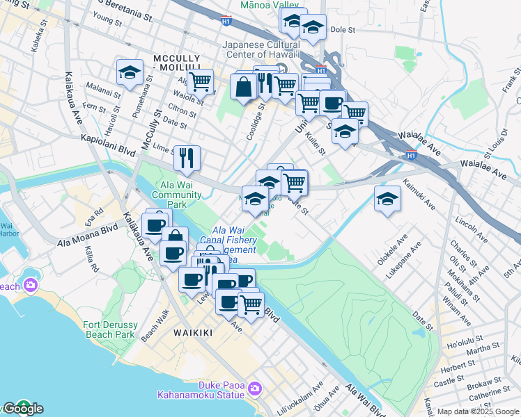 map of restaurants, bars, coffee shops, grocery stores, and more near 573 Lauiki Street in Honolulu