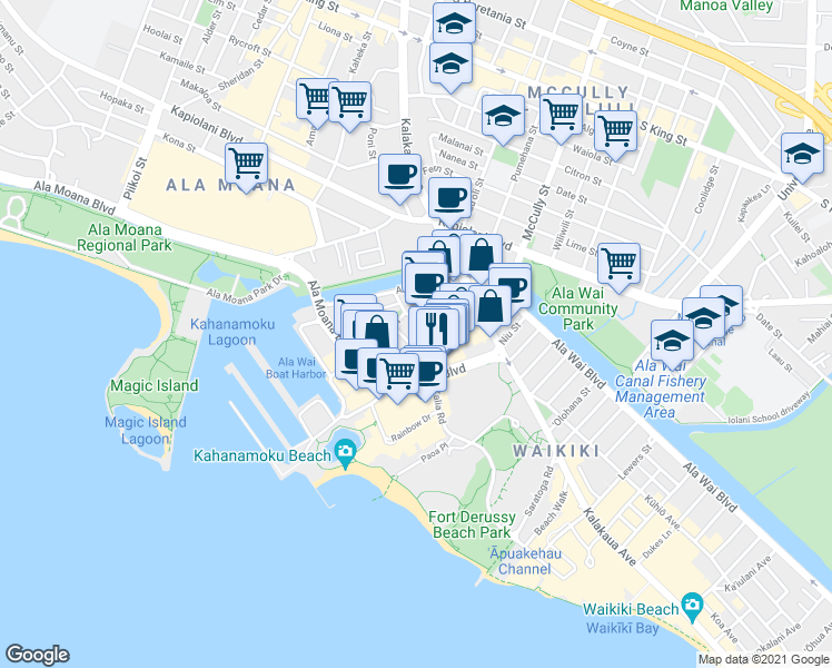 map of restaurants, bars, coffee shops, grocery stores, and more near 425 Ena Road in Honolulu