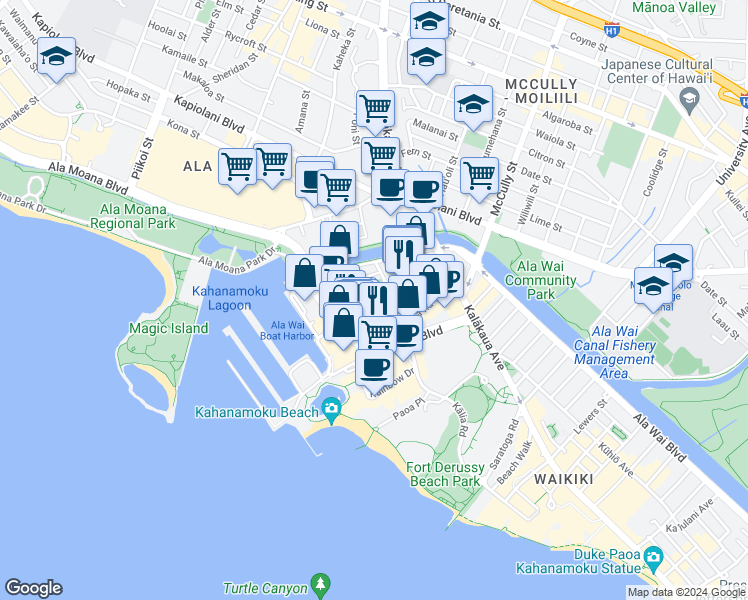 map of restaurants, bars, coffee shops, grocery stores, and more near 357 Hobron Lane in Honolulu