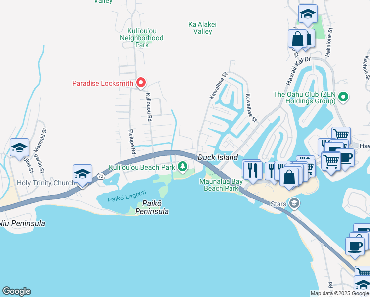 map of restaurants, bars, coffee shops, grocery stores, and more near 6172A May Way in Honolulu