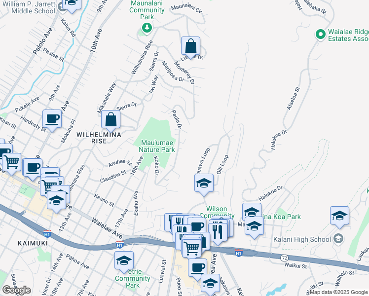 map of restaurants, bars, coffee shops, grocery stores, and more near 1673 Paula Drive in Honolulu