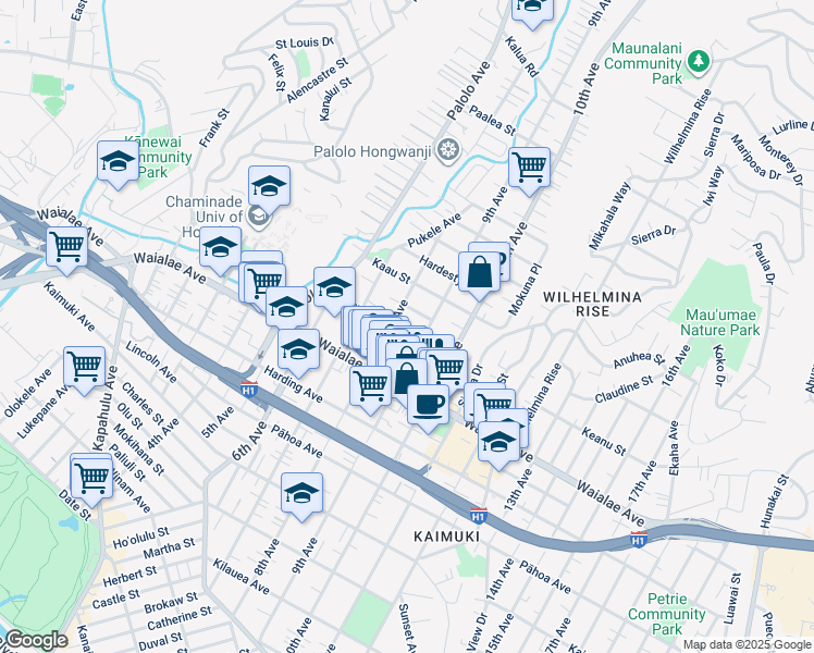 map of restaurants, bars, coffee shops, grocery stores, and more near 3416 Keanu Street in Honolulu