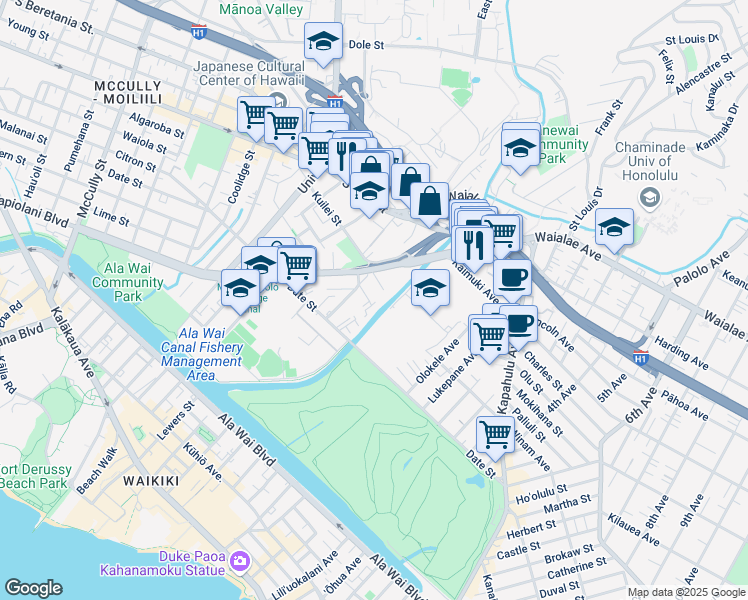 map of restaurants, bars, coffee shops, grocery stores, and more near 2630 Nahaku Place in Honolulu