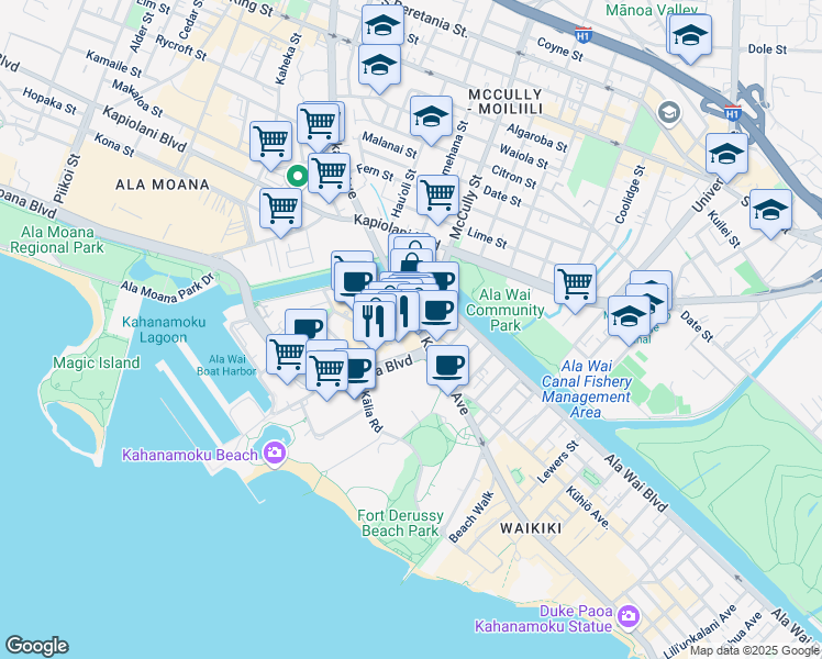 map of restaurants, bars, coffee shops, grocery stores, and more near 464 Ena Road in Honolulu