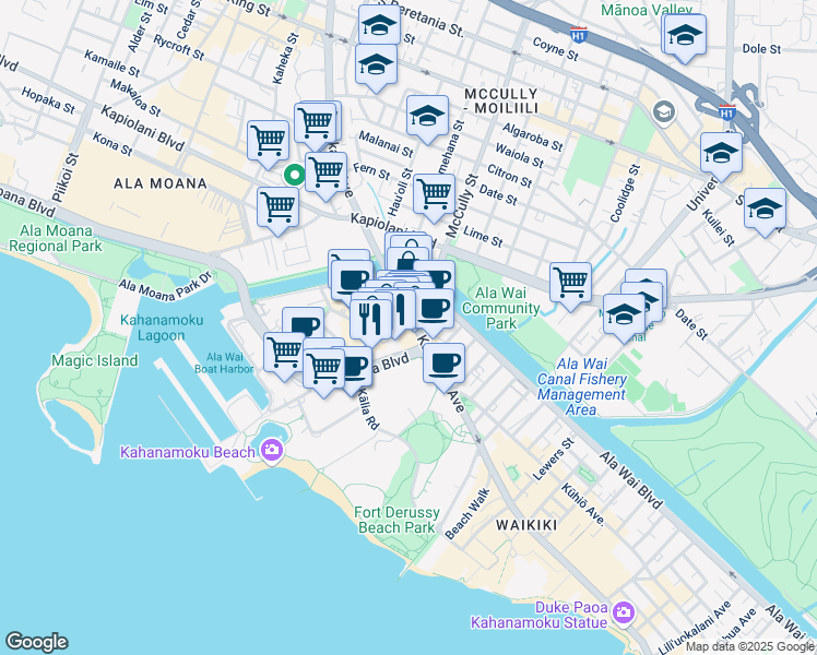 map of restaurants, bars, coffee shops, grocery stores, and more near 1911 Kalakaua Avenue in Honolulu