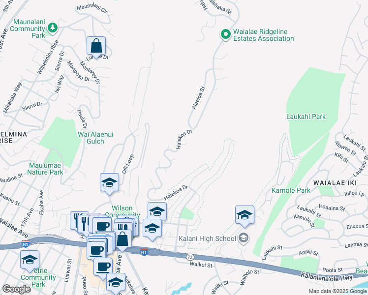 map of restaurants, bars, coffee shops, grocery stores, and more near 1813 Palipaa Place in Honolulu