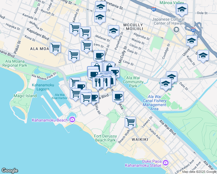 map of restaurants, bars, coffee shops, grocery stores, and more near 464 Ena Road in Honolulu