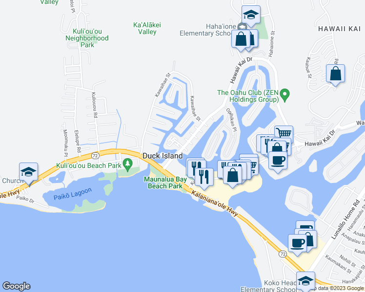 map of restaurants, bars, coffee shops, grocery stores, and more near 6370 Hawaii Kai Drive in Honolulu
