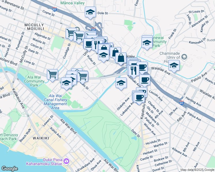 map of restaurants, bars, coffee shops, grocery stores, and more near 2630 Nahaku Place in Honolulu