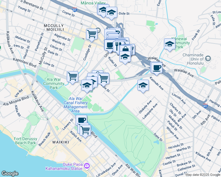 map of restaurants, bars, coffee shops, grocery stores, and more near 2543 Date Street in Honolulu