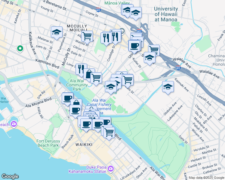 map of restaurants, bars, coffee shops, grocery stores, and more near 573 Lauiki Street in Honolulu