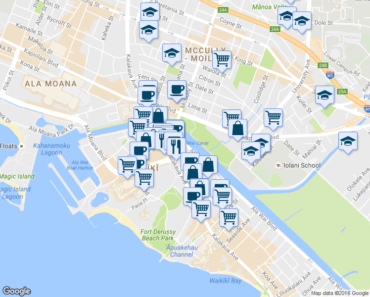 map of restaurants, bars, coffee shops, grocery stores, and more near in Honolulu