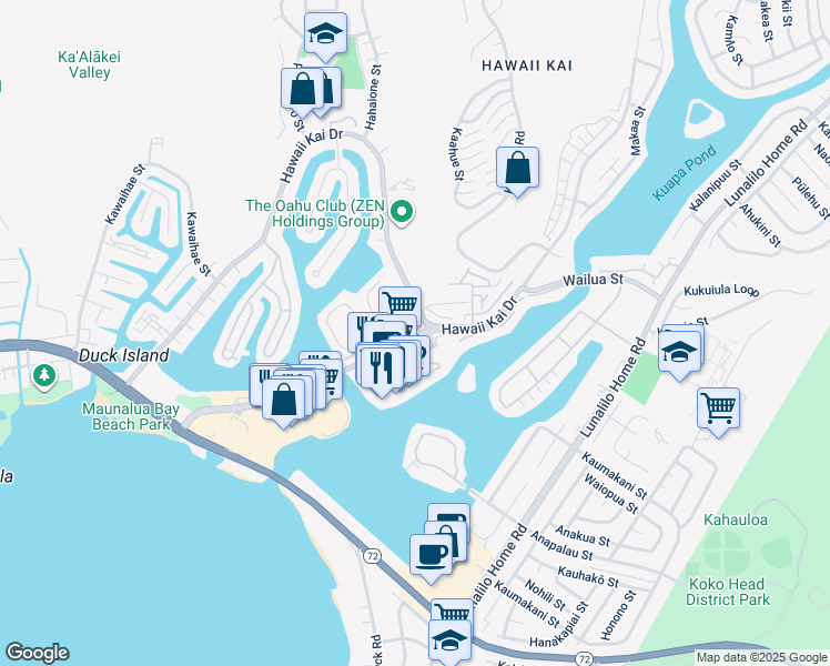 map of restaurants, bars, coffee shops, grocery stores, and more near 391 Ainahou Street in Honolulu