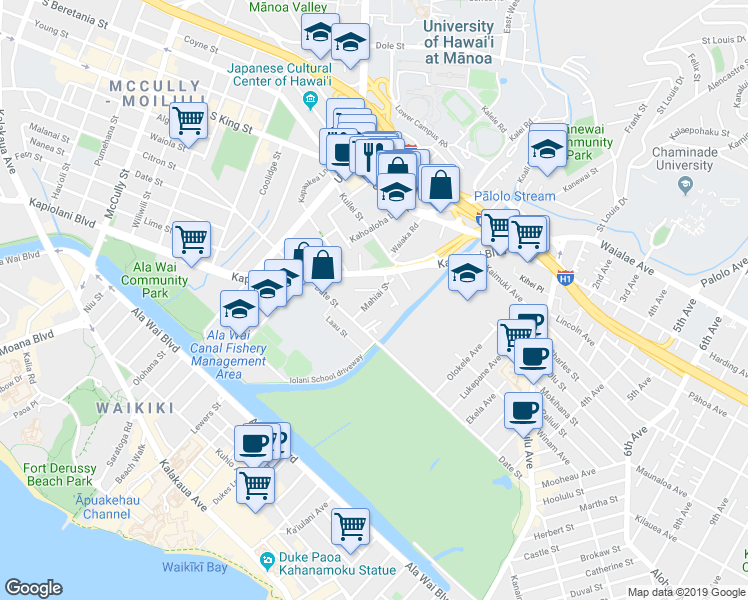 map of restaurants, bars, coffee shops, grocery stores, and more near Mahiai Street in Honolulu