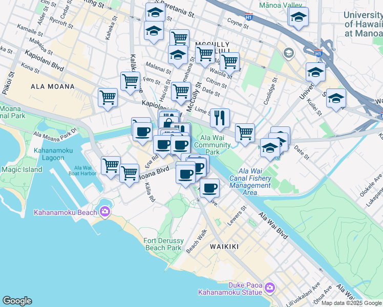 map of restaurants, bars, coffee shops, grocery stores, and more near 1965 Ala Wai Boulevard in Honolulu