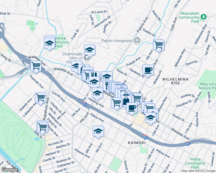 map of restaurants, bars, coffee shops, grocery stores, and more near 1240 7th Avenue in Honolulu