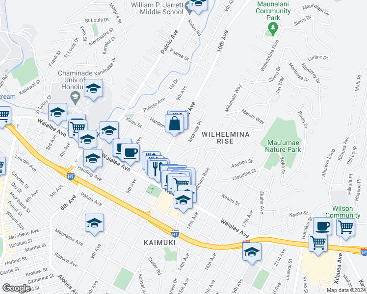 map of restaurants, bars, coffee shops, grocery stores, and more near 3534 Kaau Street in Honolulu