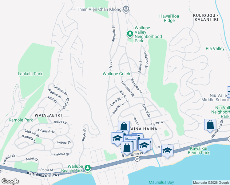 map of restaurants, bars, coffee shops, grocery stores, and more near 5258 Keakealani Street in Honolulu