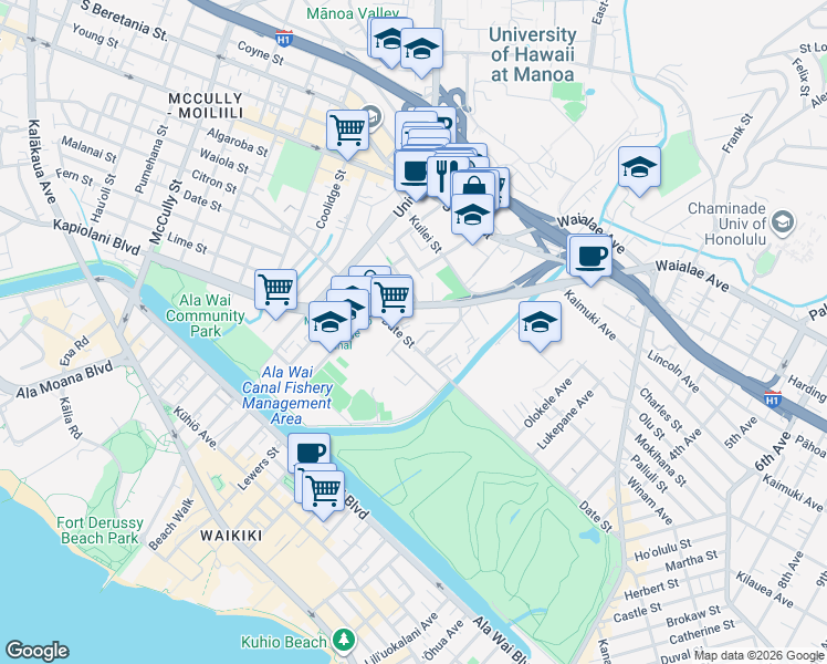 map of restaurants, bars, coffee shops, grocery stores, and more near 2543 Date Street in Honolulu