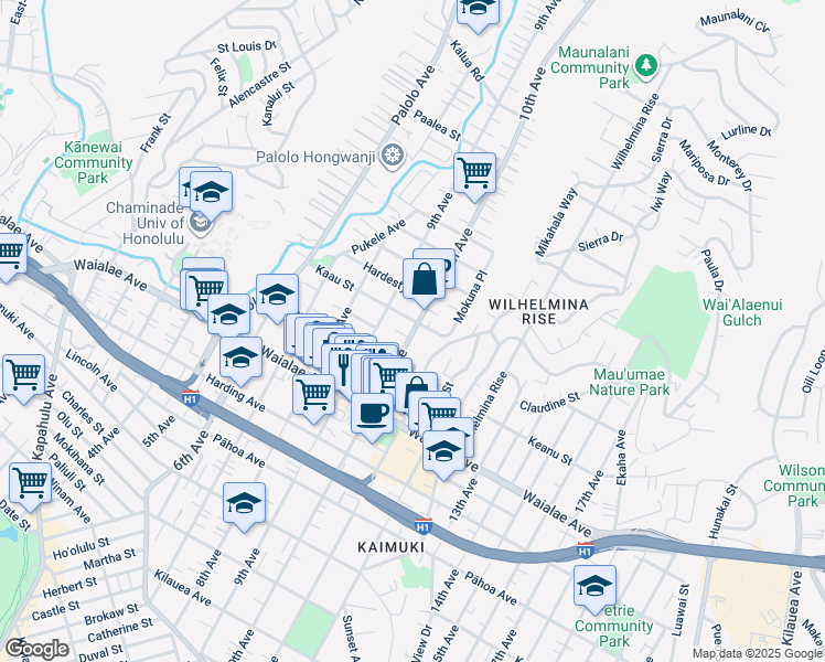 map of restaurants, bars, coffee shops, grocery stores, and more near 1340 10th Avenue in Honolulu