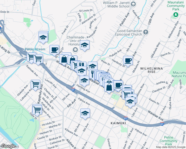map of restaurants, bars, coffee shops, grocery stores, and more near 1240 7th Avenue in Honolulu