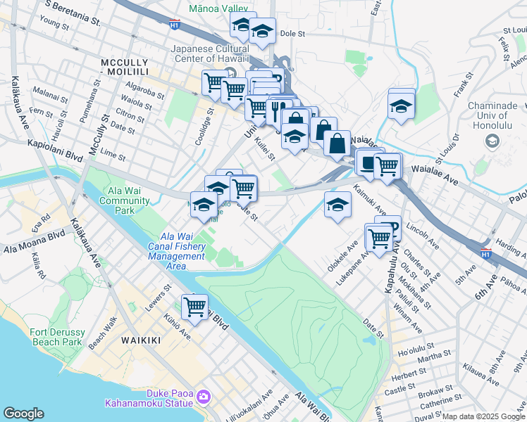 map of restaurants, bars, coffee shops, grocery stores, and more near 736 Mahiai Street in Honolulu