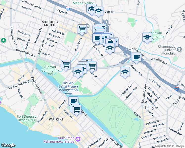 map of restaurants, bars, coffee shops, grocery stores, and more near 2543 Date Street in Honolulu