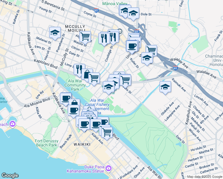 map of restaurants, bars, coffee shops, grocery stores, and more near 573 Lauiki Street in Honolulu