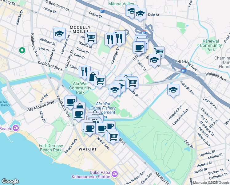 map of restaurants, bars, coffee shops, grocery stores, and more near 573 Lauiki Street in Honolulu
