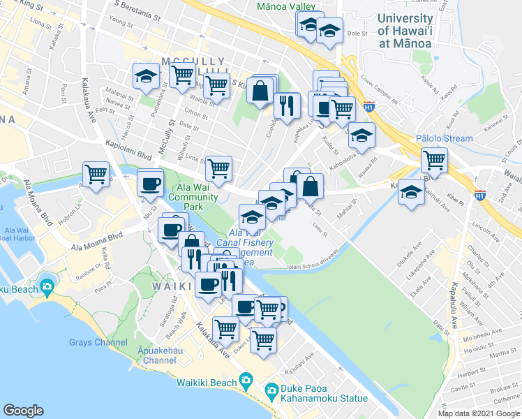 map of restaurants, bars, coffee shops, grocery stores, and more near 573 Lauiki Street in Honolulu