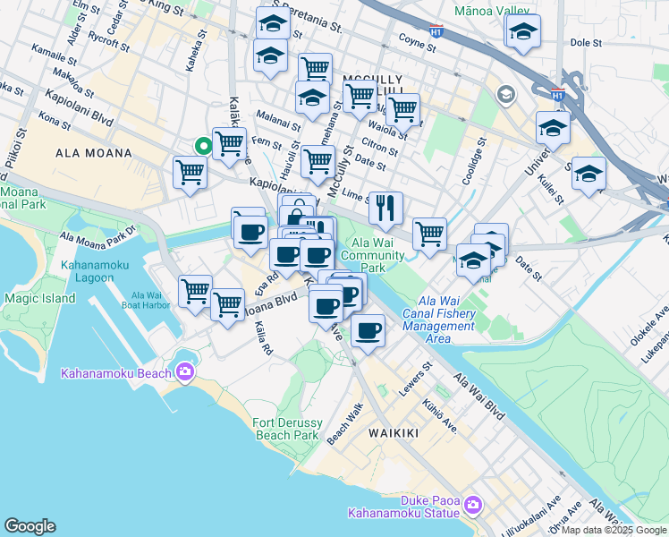 map of restaurants, bars, coffee shops, grocery stores, and more near in Honolulu