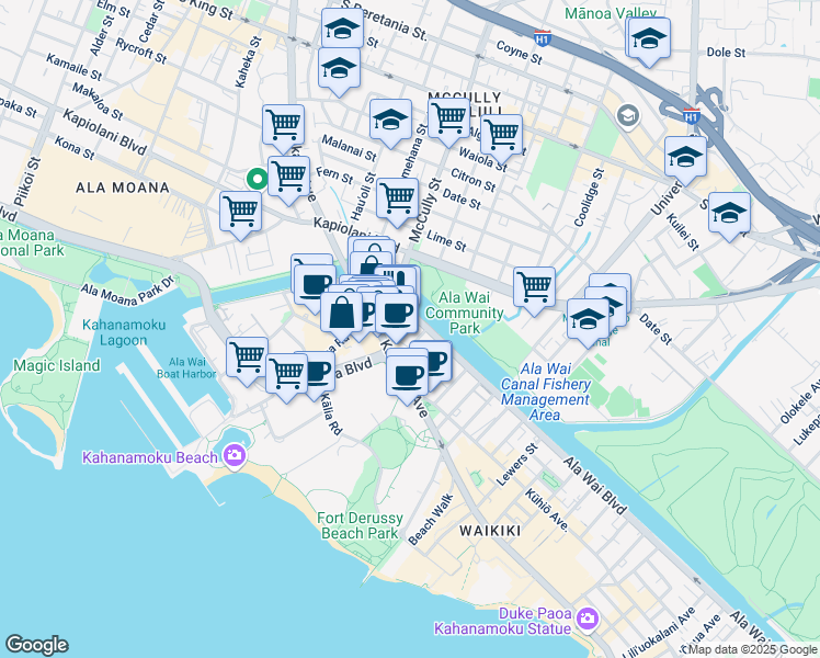 map of restaurants, bars, coffee shops, grocery stores, and more near 413 Niu Street in Honolulu