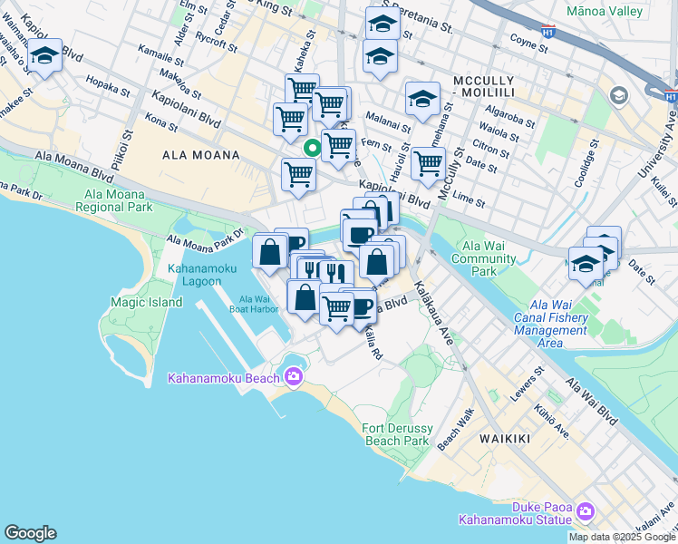 map of restaurants, bars, coffee shops, grocery stores, and more near 357 Hobron Lane in Honolulu
