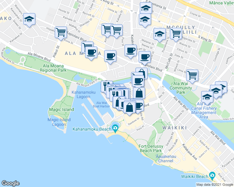 map of restaurants, bars, coffee shops, grocery stores, and more near 1700 Hawaii 92 in Honolulu