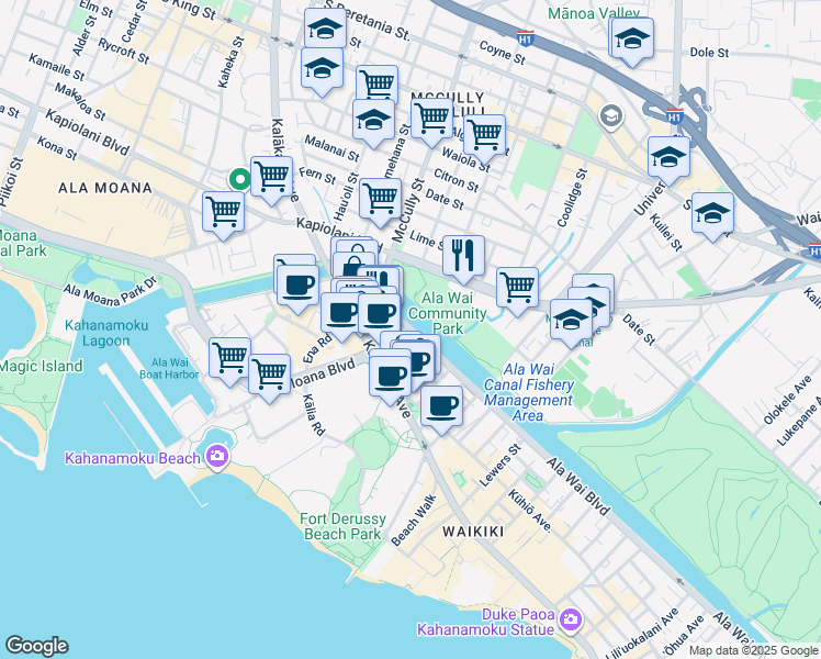 map of restaurants, bars, coffee shops, grocery stores, and more near 482 Paʻū Street in Honolulu